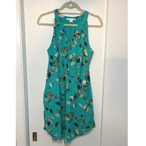 C&E Womens Teal Bird Print Halter Dress Tassel Tie Pockets Size Medium